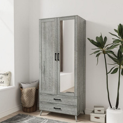 Urbn-Living Urbnliving 180Cm Height Ash Grey Wardrobe With Mirror White 2 Door 2 Drawer Bedroom Clothes Storage Hanging Rail - image 1