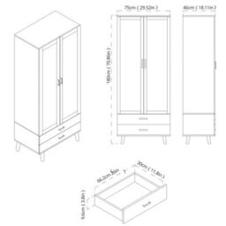 Urbn-Living Urbnliving 180Cm Height Ash Grey Wardrobe With Mirror White 2 Door 2 Drawer Bedroom Clothes Storage Hanging Rail - thumbnail 8