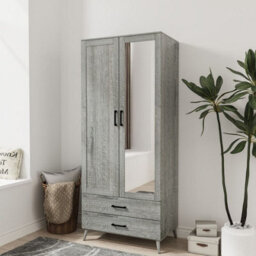Urbn-Living Urbnliving 180Cm Height Ash Grey Wardrobe With Mirror White 2 Door 2 Drawer Bedroom Clothes Storage Hanging Rail