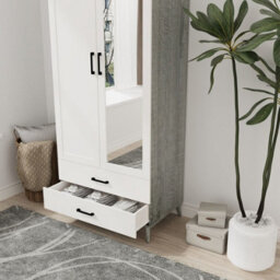 Urbn-Living Urbnliving 180Cm Height Ash Grey Wardrobe With Mirror White 2 Door 2 Drawer Bedroom Clothes Storage Hanging Rail - thumbnail 6