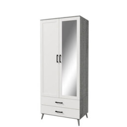 Urbn-Living Urbnliving 180Cm Height Ash Grey Wardrobe With Mirror White 2 Door 2 Drawer Bedroom Clothes Storage Hanging Rail - thumbnail 4