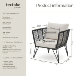 Tectake Garden Chair Sundo - Thick Seat Cushions, Removable Cushion Covers - Anthracite - Set Of 4 - thumbnail 6