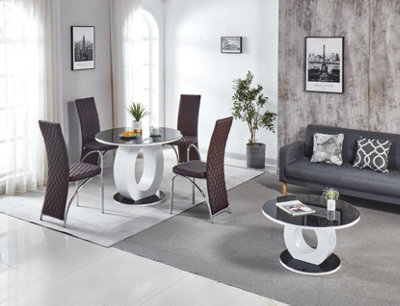 Modernique Giulia Round Black 100 Cm Tempered Glass Top White Dining Table With 4 Brown Faux Leather Dining Chairs - image 1