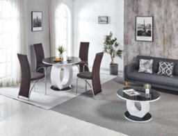 Modernique Giulia Round Black 100 Cm Tempered Glass Top White Dining Table With 4 Brown Faux Leather Dining Chairs - thumbnail 1