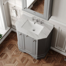 Hudson Reed Floor Standing 3-Door Angled Vanity Unit With 3 Tap Hole Grey Marble Top In Storm Grey, 786X470mm - thumbnail 3