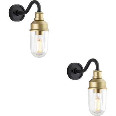 Loops 2 Pack Ip44 Outdoor Wall Light - Textured Black & Gold Curved Arm - Garage Porch Lamp - image 1
