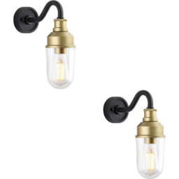 Loops 2 Pack Ip44 Outdoor Wall Light - Textured Black & Gold Curved Arm - Garage Porch Lamp