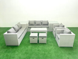 Fimous Outdoor Garden Furniture Rattan Sofa Set 2 Armchairs Oblong Coffee Table 2 Small Stools 2 Side Tables Light Grey - thumbnail 2