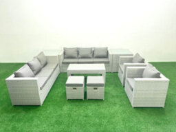 Fimous Outdoor Garden Furniture Rattan Sofa Set 2 Armchairs Oblong Coffee Table 2 Small Stools 2 Side Tables Light Grey - thumbnail 1