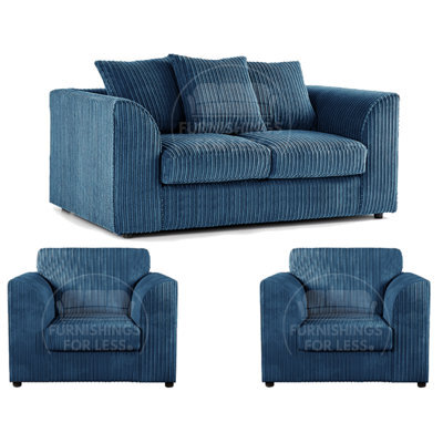 Furnishings For Less UK Luxor Jumbo Cord 2 + 1 + 1 Fabric 3 Piece Sofa Suite - Scatter Back Marine Blue - image 1