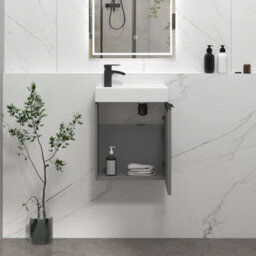 Royal Bathrooms Royal Bathroom Como 400mm Wall Hung Cloakroom Vanity Unit Ceramic Basin 1 Door Cabinet Indigo Grey Gloss With Matt Black Handle - thumbnail 5