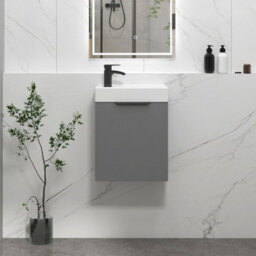Royal Bathrooms Royal Bathroom Como 400mm Wall Hung Cloakroom Vanity Unit Ceramic Basin 1 Door Cabinet Indigo Grey Gloss With Matt Black Handle