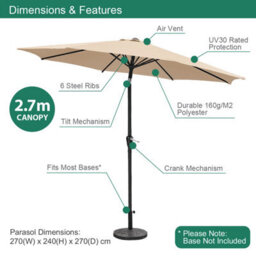 Gardenkraft 14630 2.7M Beige Outdoor Garden Parasol - thumbnail 2