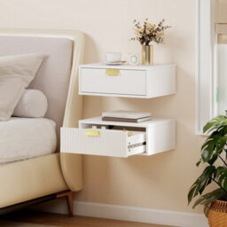 White Set Of 2 Floating Nightstands Wave Drawer Bedside Tables - thumbnail 3