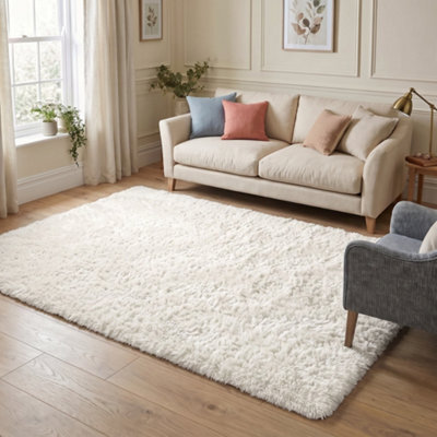 Oxford Homeware Shaggy Rug Anti-Slip Washable Soft Fluffy Living Room And Bedroom Rug (Cream, 120X170Cm) - image 1