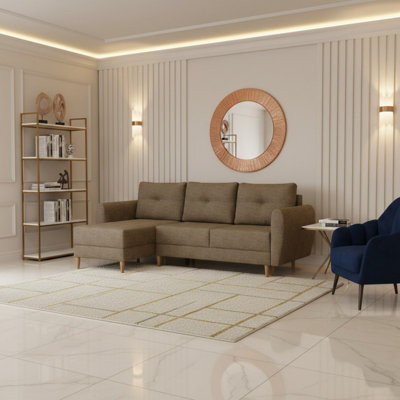 Universal L Shaped Corner Sofa Bed With Built In Storage Compartment Modern Fabric 3 Seater Settee For Living Room Beige - image 1