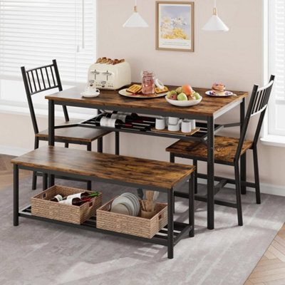 Retro Brown 4 Pieces Dining Table Set For 4 Kitchen Table And Chairs With Wine Rack Bench - image 1