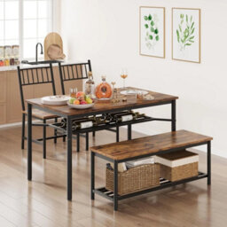 Retro Brown 4 Pieces Dining Table Set For 4 Kitchen Table And Chairs With Wine Rack Bench - thumbnail 5