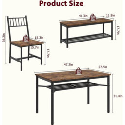 Retro Brown 4 Pieces Dining Table Set For 4 Kitchen Table And Chairs With Wine Rack Bench - thumbnail 2