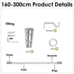 Oxford Homeware Satin Chrome Effect Extendable Curtain Pole With Metal Cylinder Finials, (L)1600mm-3000mm (Dia) 28mm - thumbnail 4