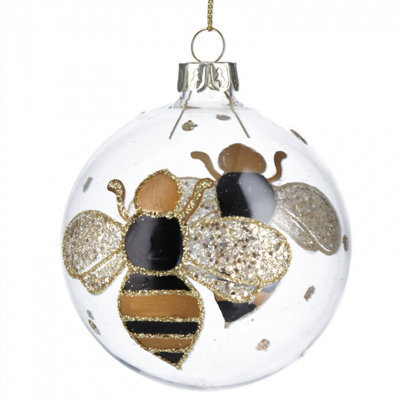 Gisela Graham Christmas Bumble Bee Black And Gold Glass Bauble Decoration, Approx. 7Cm