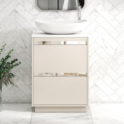 Royal Bathrooms Orion 600mm Warm Taupe Floor Standing Plain White Countertop Vanity Unit 2 Drawer With Cesar Basin & Chrome Accent Trim - image 1
