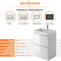 Plum&clay Marvel Gloss White Floor Standing Bathroom Vanity Unit With Resin Basin (W)600mm - thumbnail 5