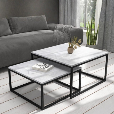 Kama 2 Piece Coffee Table Set Metal Base Legs Black With Light Concrete Tops Modern Matching Duo In Large And Small Sizes - image 1