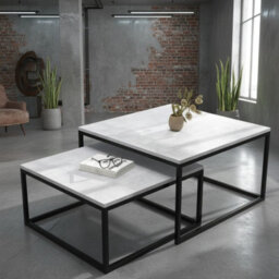 Kama 2 Piece Coffee Table Set Metal Base Legs Black With Light Concrete Tops Modern Matching Duo In Large And Small Sizes - thumbnail 2