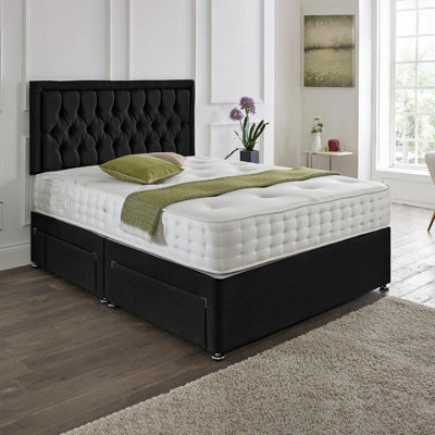 Dining Tables Lisbon Matching Headboard Divan Set, 2 Drawer On Same Side With Sprung 1500 Comfort Mattress - Plush Black  - Double - image 1