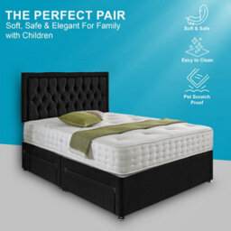 Dining Tables Lisbon Matching Headboard Divan Set, 2 Drawer On Same Side With Sprung 1500 Comfort Mattress - Plush Black  - Double - thumbnail 2