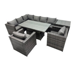 Fimous 8-Seater Height Adjustable Rising Lifting Table Corner Sofa Set Rattan Garden Furniture Set With Side Table Dark Grey Mixed - thumbnail 1