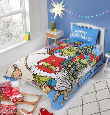 Homespace Direct Ltd Grinch Sleigh Shaped Blue Christmas Duvet Cover Set Single Bedding Set - image 1