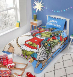 Homespace Direct Ltd Grinch Sleigh Shaped Blue Christmas Duvet Cover Set Single Bedding Set - thumbnail 1