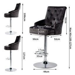 Black Extra Large Velvet Bar Stool Heavy Duty Kitchen Breakfast Counter Pub High Chair - thumbnail 3