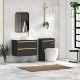 Royal Bathrooms Orion 800mm Matt Obsidian Black Wall Hung Vanity Unit 2 Drawer With Plain White Undrilled Worktop & Brushed Brass Accent Trim - thumbnail 3