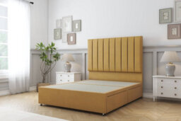 "Sloomy Kansas Mustard Plush Divan Bed Base No Drawers With 26"" Strutted Headboard 4' Small Double" - thumbnail 1