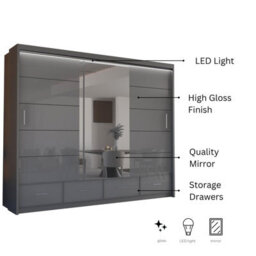 Sliding Wardrobes 4 u LTD Sliding Wardrobes 4U Bradford Modern High Gloss Sliding Door Wardrobe In 3 Colors & Sizes - (Grey - W2550mm, H2200mm) - thumbnail 3