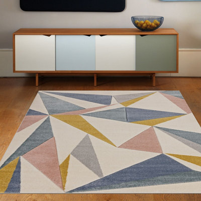 Cream Grey Multicoloured Yellow Geometric 13mm Thick Stain-Resistant Rug For Living Room, & Dining Room-200Cm X 290Cm - image 1