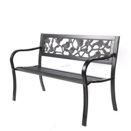 Birchtree 3 Seater Garden Bench Slat Steel Rose Style Park Patio Outdoor Furniture Seat Chair Metal C074 Black - thumbnail 3