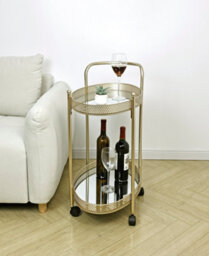 Spot On Dealz Drinks Trolley Gold Kitchen Serving Cart With Two Glass Shelves Mini Bar Drinks Table With Wheels - thumbnail 3
