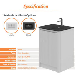 Plum&clay Isla Ribbed Fluted White Freestanding Bathroom Vanity Unit & Black Basin Set (W)600mm - thumbnail 5
