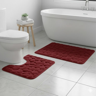 2 Piece Pebble Design Memory Foam Bath Mat Set Soft Absorbent Non-Slip Bathroom Red - image 1