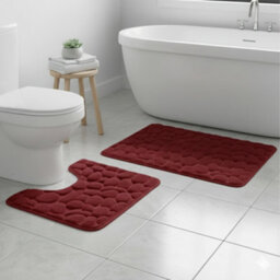 2 Piece Pebble Design Memory Foam Bath Mat Set Soft Absorbent Non-Slip Bathroom Red - thumbnail 1