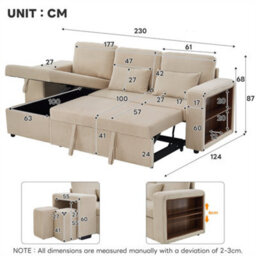 Abrihome Modern L-Shaped Convertible Sofa Bed, 3-In-1 Convertible Sofa Bed With Internal Storage Chaise, Corduroy Fabric, Beige - thumbnail 6