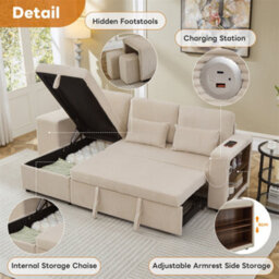 Abrihome Modern L-Shaped Convertible Sofa Bed, 3-In-1 Convertible Sofa Bed With Internal Storage Chaise, Corduroy Fabric, Beige - thumbnail 2