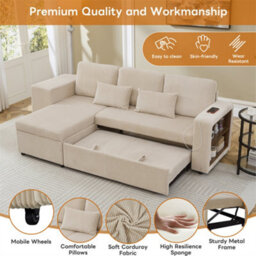Abrihome Modern L-Shaped Convertible Sofa Bed, 3-In-1 Convertible Sofa Bed With Internal Storage Chaise, Corduroy Fabric, Beige - thumbnail 3