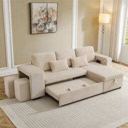 Abrihome Modern L-Shaped Convertible Sofa Bed, 3-In-1 Convertible Sofa Bed With Internal Storage Chaise, Corduroy Fabric, Beige - thumbnail 8