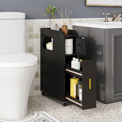 Costway Small Bathroom Storage Cabinet 16Cm Narrow Slim Bathroom Organizer-Black - image 1