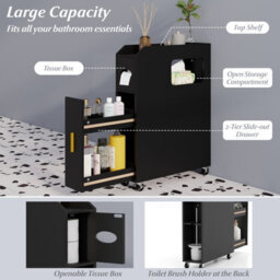 Costway Small Bathroom Storage Cabinet 16Cm Narrow Slim Bathroom Organizer-Black - thumbnail 8